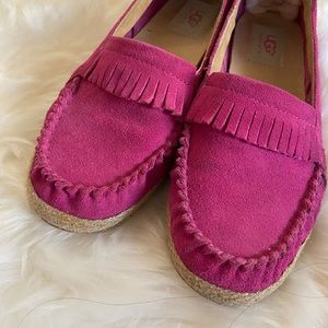 UGG Australia Fuchsia Barbie Pink Fringed Moccasin Flats